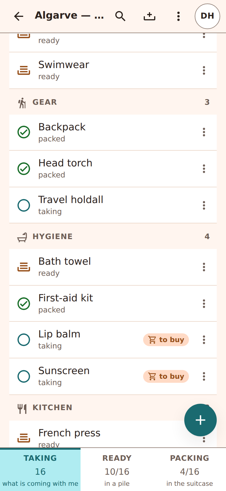 A list of items by category, each with its state written out; two carry a "to buy" badge. A bar at the bottom counts taking, getting ready and packed.