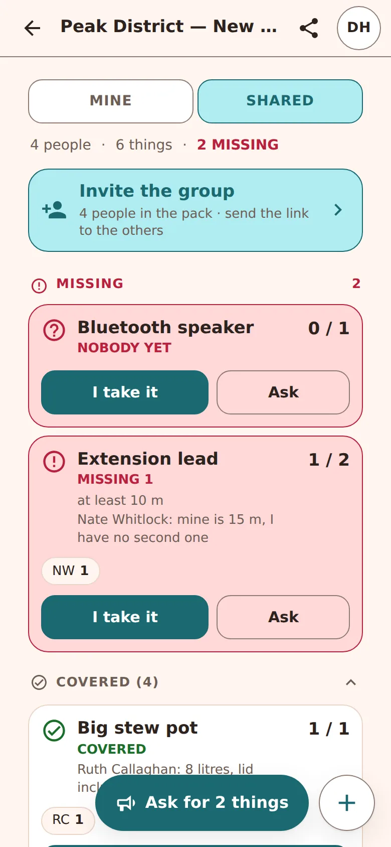 The Shared screen: two missing items, one marked "nobody yet", the other carrying a member's note and initials, with the covered items listed below.