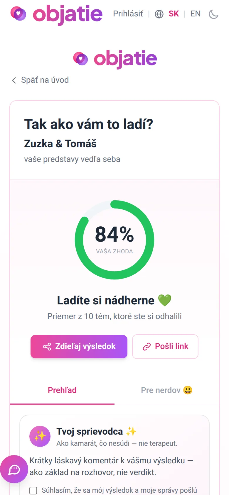 Obrazovka s výsledkom: kruhový ukazovateľ osemdesiatštyri percent zhody pre ukážkovú dvojicu.