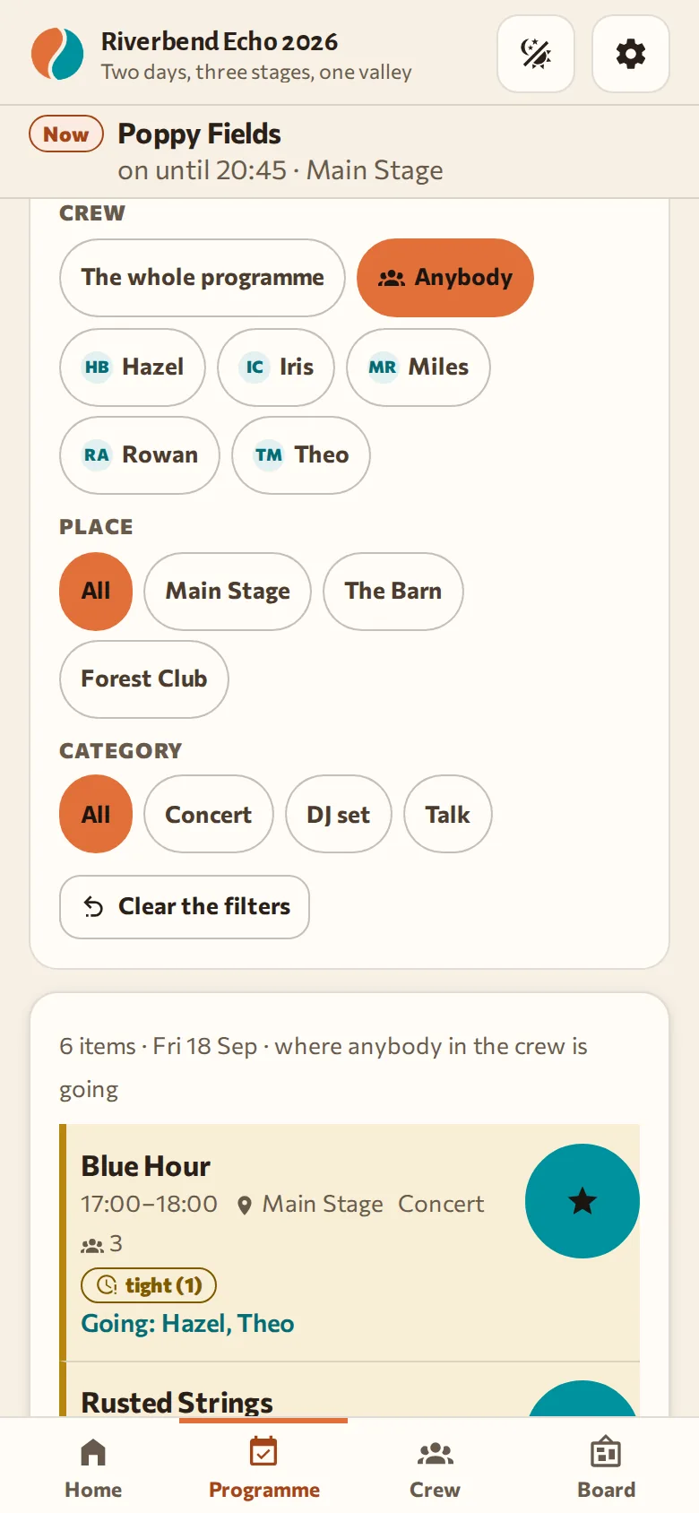 A programme with Crew, Place and Category filters; the "Anybody" filter is on and the names of the people going sit under each performance.