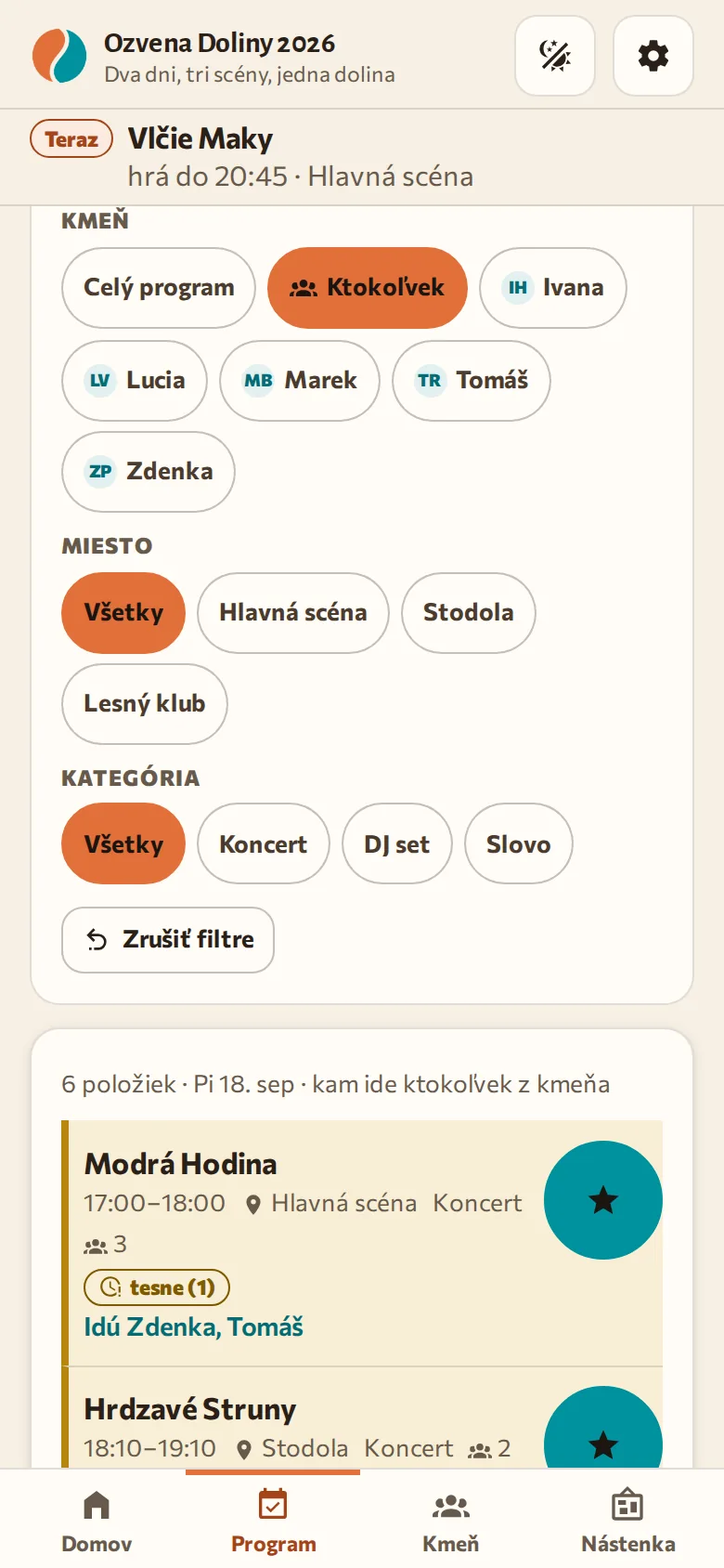 Program s filtrami Kmeň, Miesto a Kategória; zapnutý filter „Ktokoľvek", pod vystúpeniami mená ľudí, ktorí naň idú.