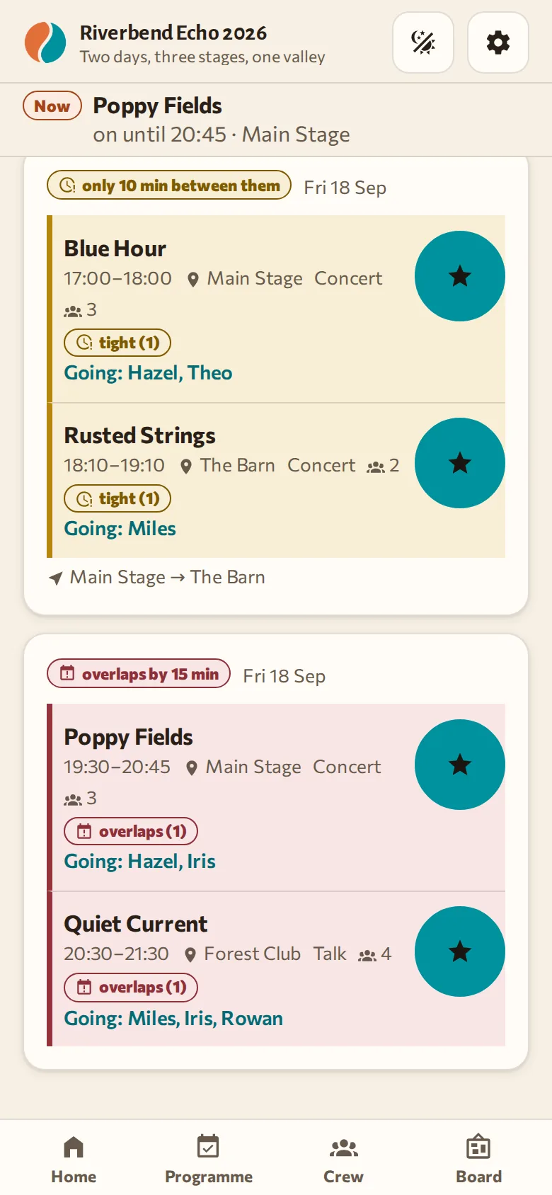A conflicts screen: two pairs of performances, one flagged "overlaps by 15 min", the other "only 10 min between them", with the walk between stages below.