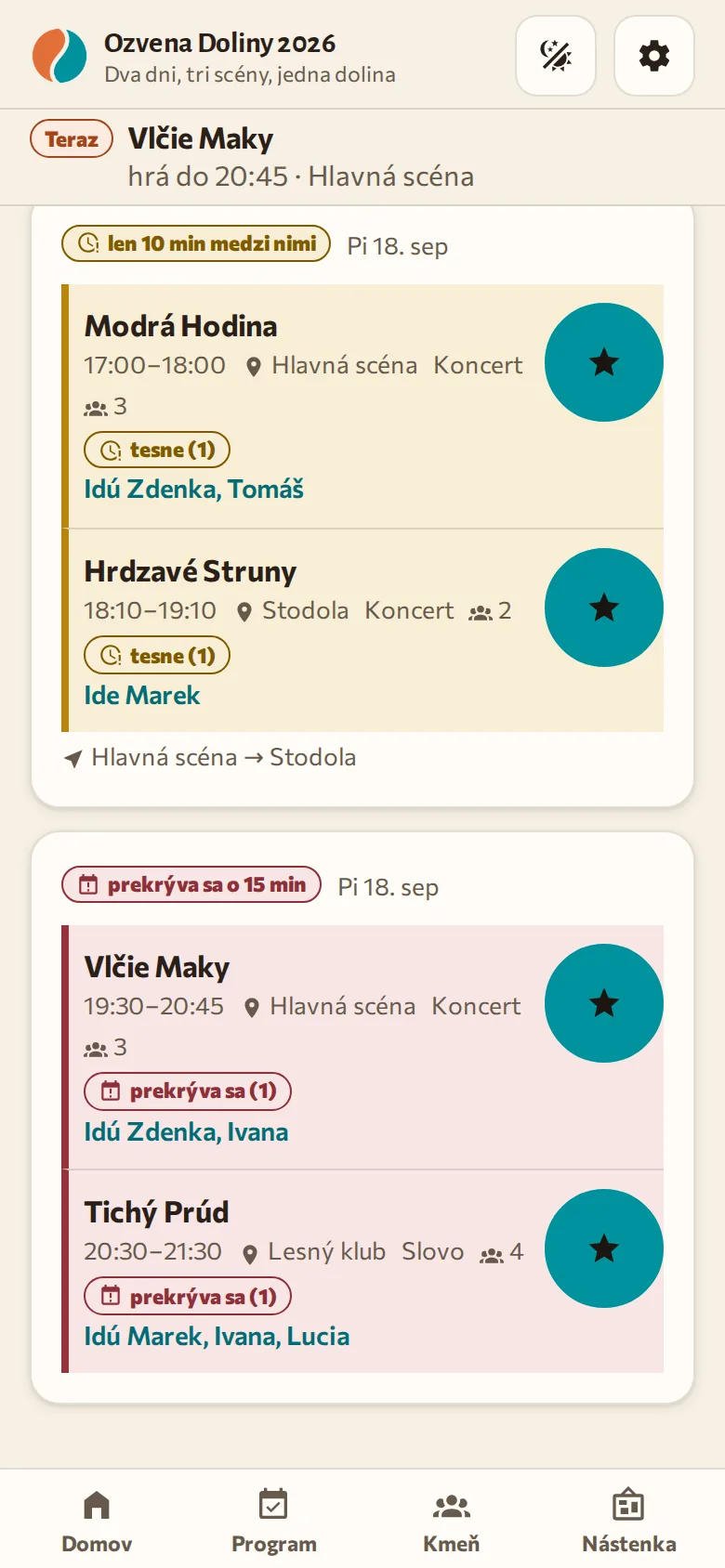 Obrazovka konfliktov: dve dvojice vystúpení, pri jednej upozornenie „prekrýva sa o 15 min", pri druhej „len 10 min medzi nimi", pod nimi presun medzi scénami.