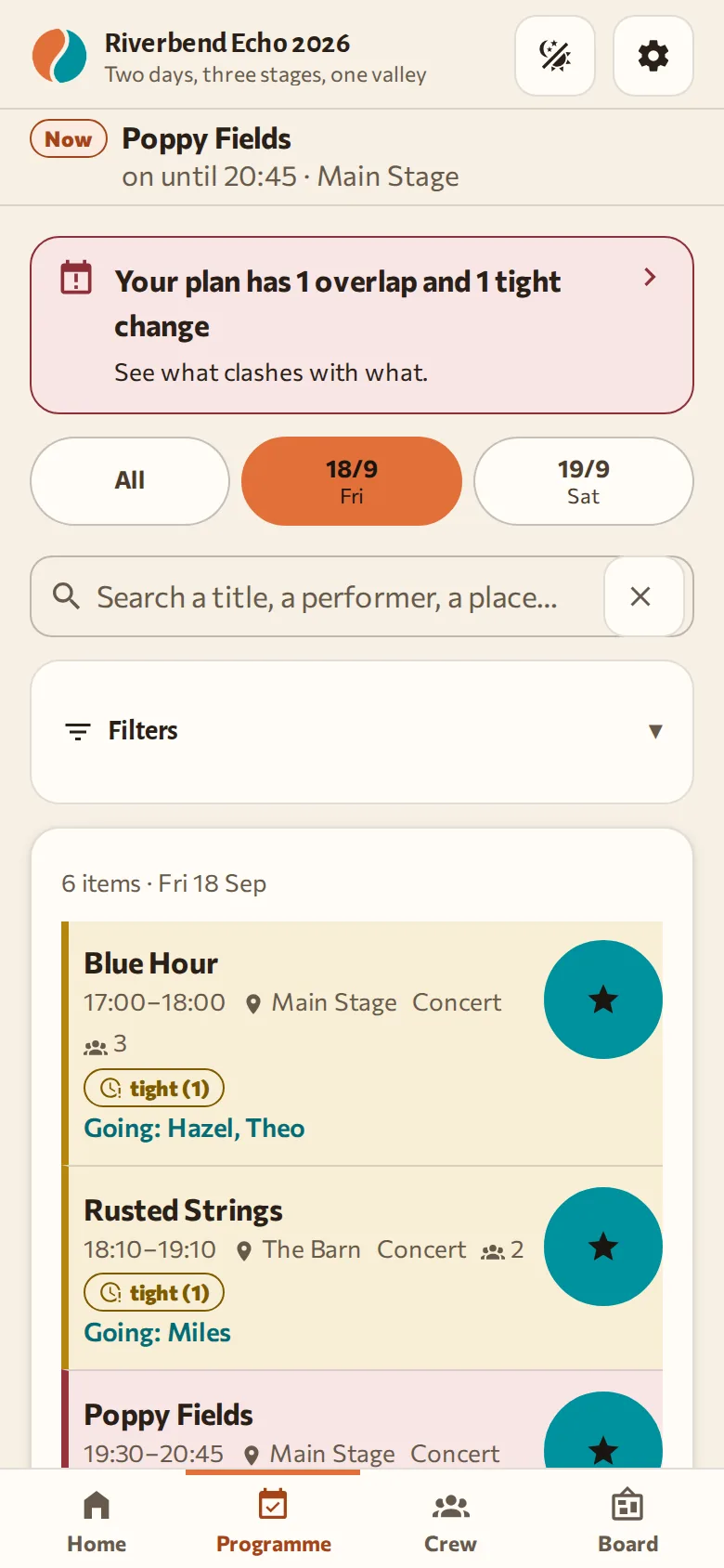 An event programme in a terracotta and turquoise palette with a round mark in the header.