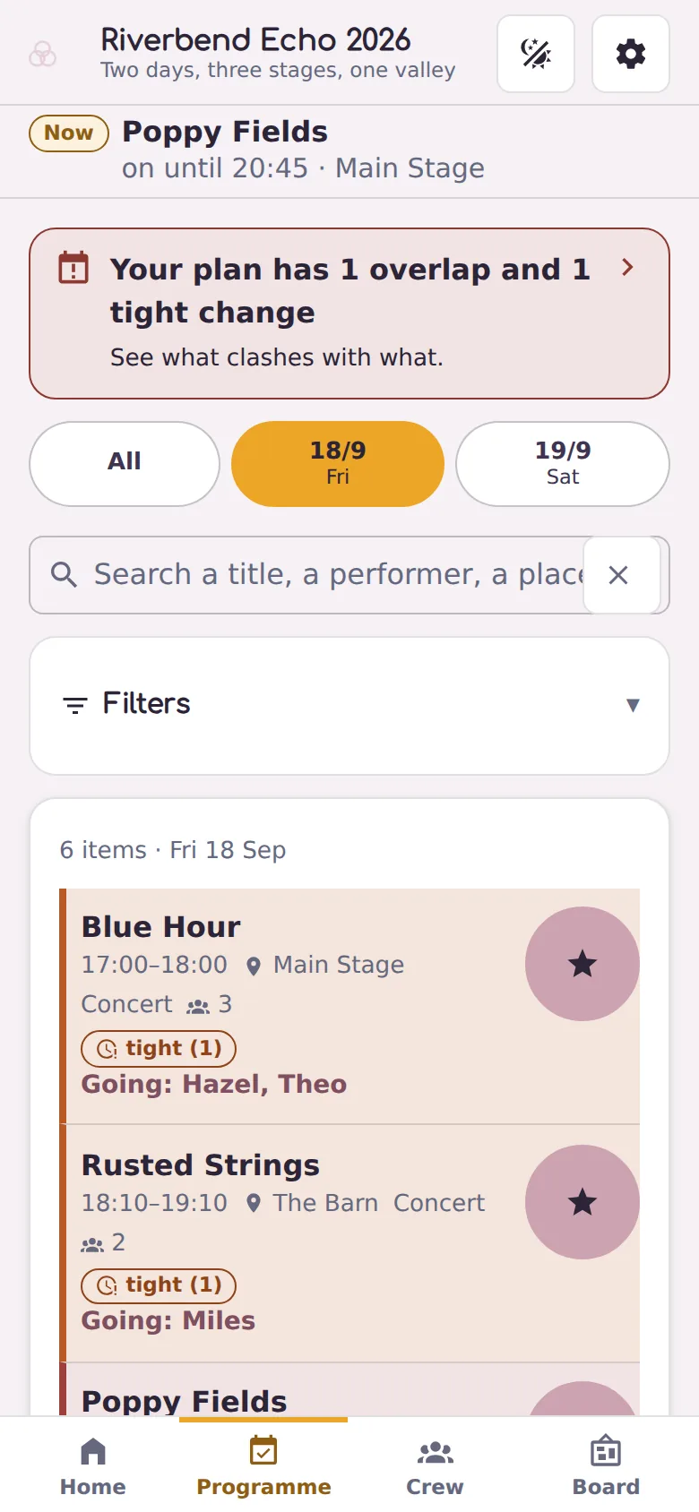 The same programme screen in an amber and mauve palette, with a different typeface and a different mark in the header.